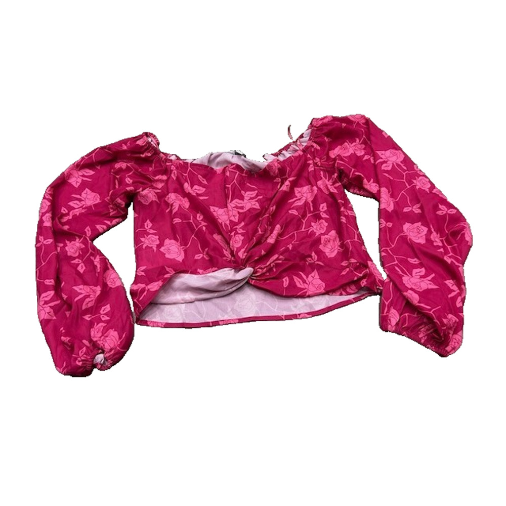Shades of Rose Womens Crop Top Long Sleeve Twist Front Floral Print‎ Pink Size S